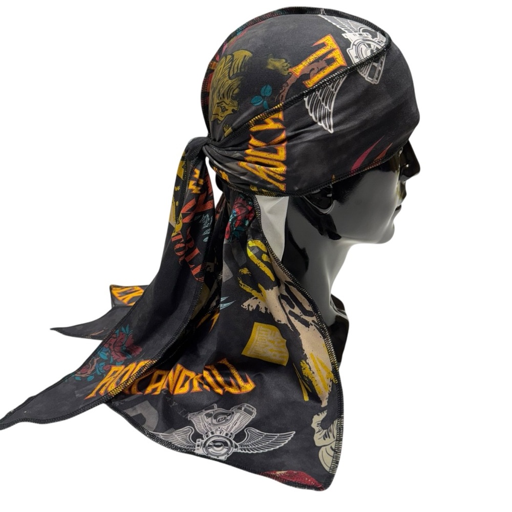 Durag Black Graphic Wave Bandana Headscarf Stretch Jersey Streetwear Cap Hat